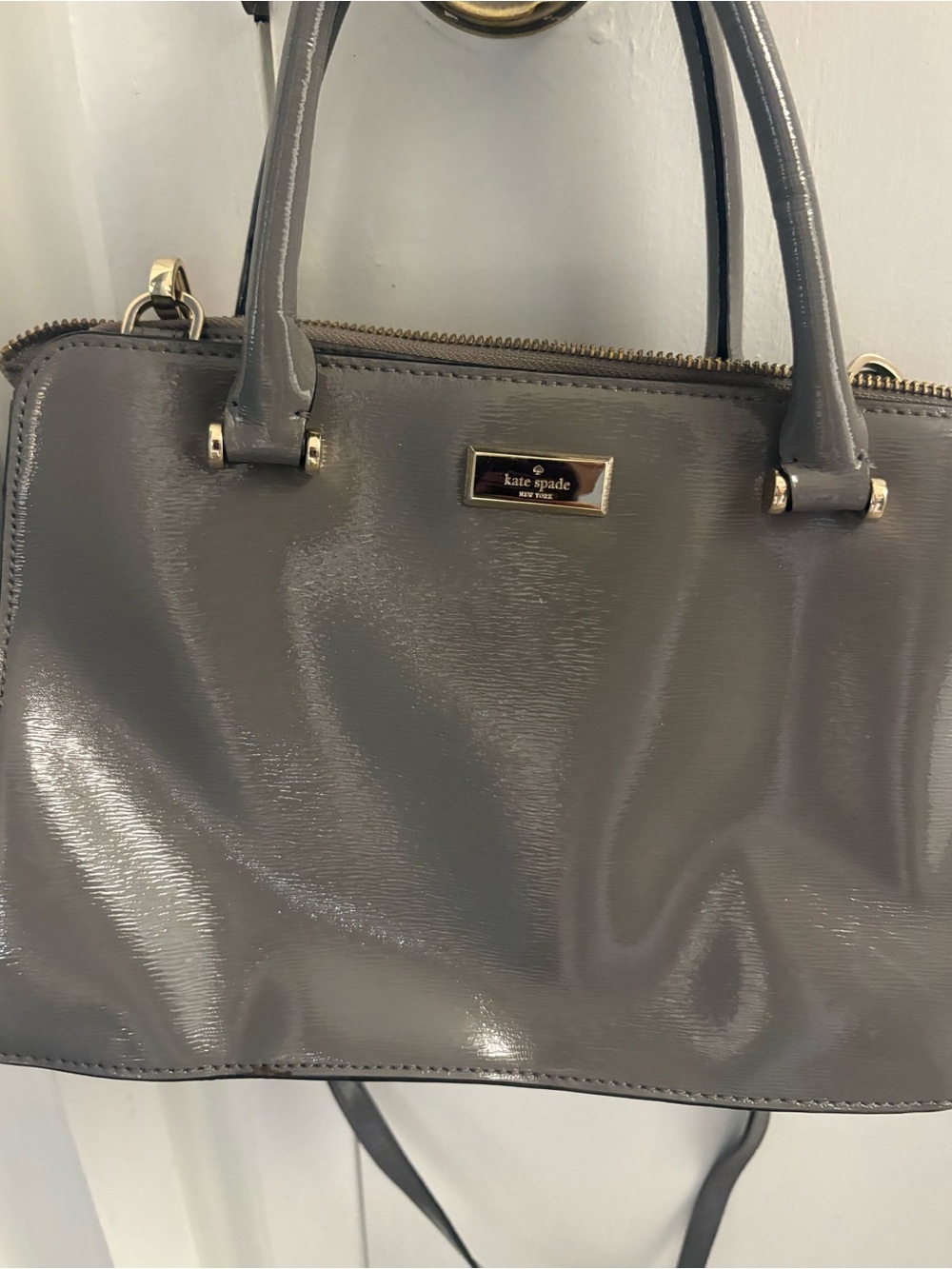 Gray Kate Spade Patent Leather Crossbody Handbag Purse Pre Owned